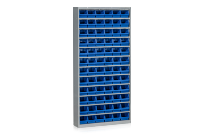 Schrank mit 72 Sichtlagerkästen Blau