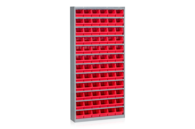 Schrank mit 72 Sichtlagerkästen Rot